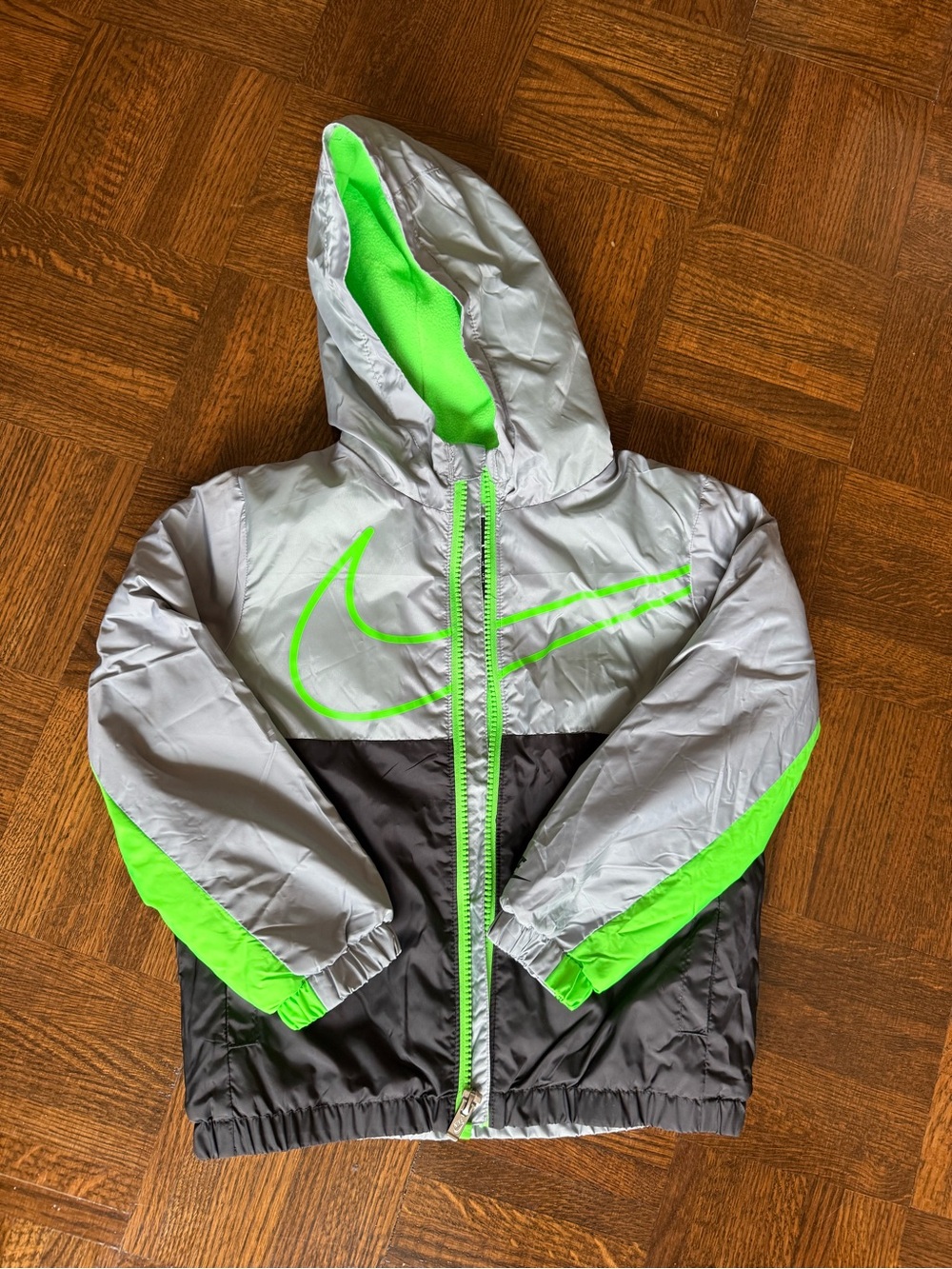 Nike Kids 4T Gray and Neon Green Hooded Windbreaker